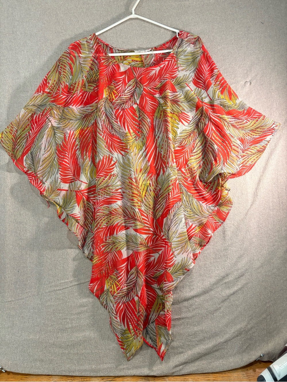 Womens Red Tropical Leaf Poncho Top Belted 2XL Curvy Fit